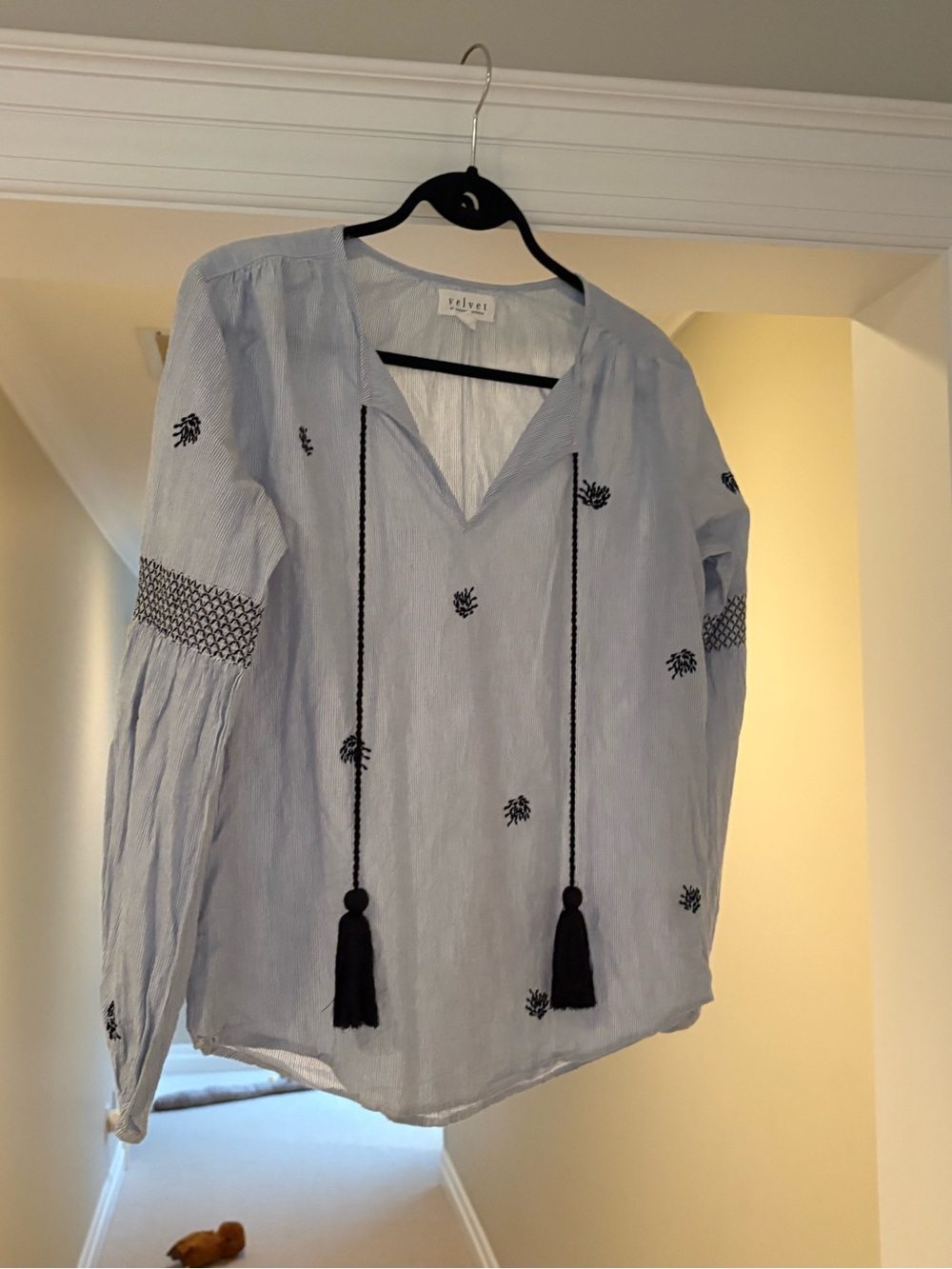Velvet Light Blue V-Neck Tassel Embroidered Blouse